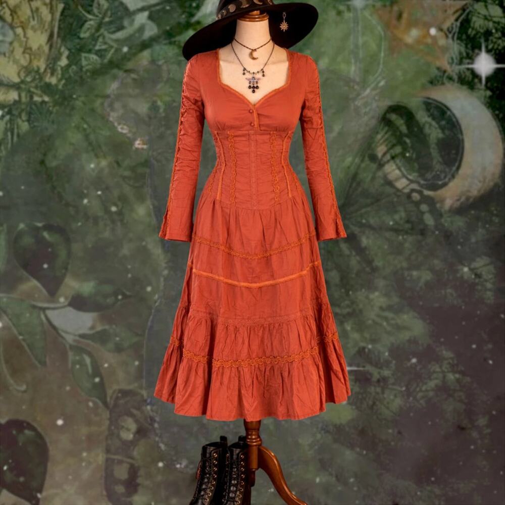 Deadstock Rust Corset Midi Dress Witchy Whimsigoth Boho Fairy Small